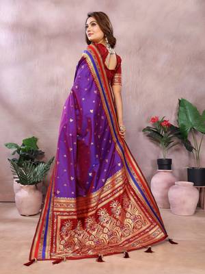 Violet handloom kalamkari silk blend saree with zari woven work 4