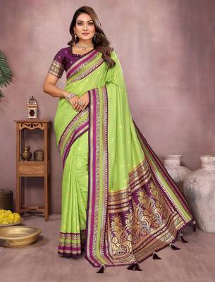 Parrot handloom kalamkari silk blend saree with zari woven work 1