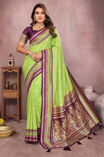 Parrot handloom kalamkari silk blend saree with zari woven work