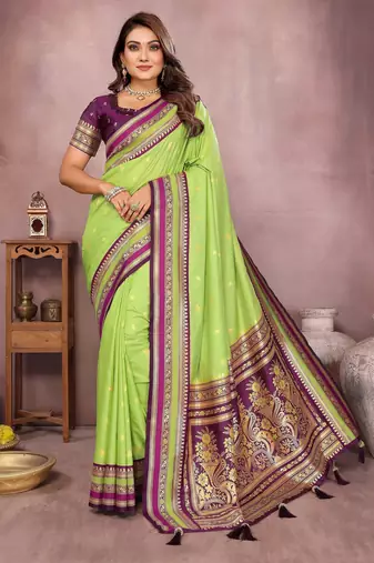 Parrot handloom kalamkari silk blend saree with zari woven work