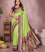 Parrot handloom kalamkari silk blend saree with zari woven work