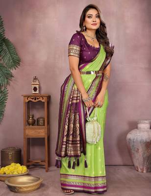 Parrot handloom kalamkari silk blend saree with zari woven work 2