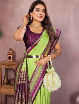 Parrot handloom kalamkari silk blend saree with zari woven work 3