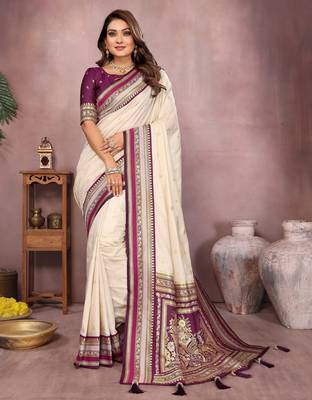 Beige handloom kalamkari silk blend saree with zari woven work 1