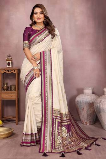 Beige handloom kalamkari silk blend saree with zari woven work