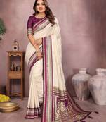 Beige handloom kalamkari silk blend saree with zari woven work