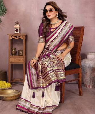 Beige handloom kalamkari silk blend saree with zari woven work 2