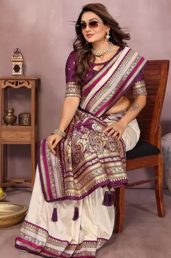Beige handloom kalamkari silk blend saree with zari woven work