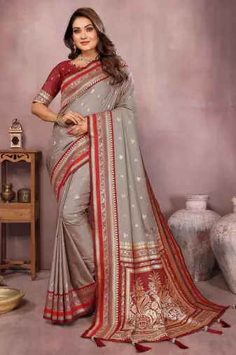Grey handloom kalamkari silk blend saree with zari woven work