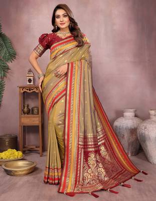 Gold handloom kalamkari silk blend saree with zari woven work 1