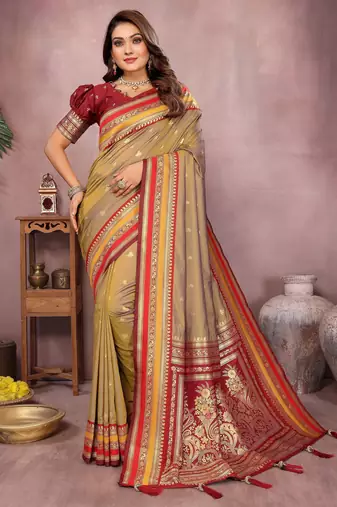 Gold handloom kalamkari silk blend saree with zari woven work
