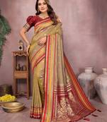 Gold handloom kalamkari silk blend saree with zari woven work