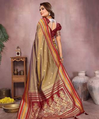 Gold handloom kalamkari silk blend saree with zari woven work 4