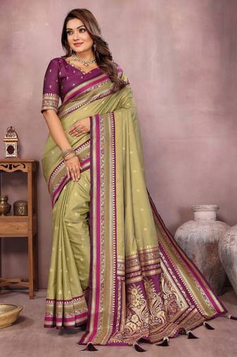 Green handloom kalamkari silk blend saree with zari woven work