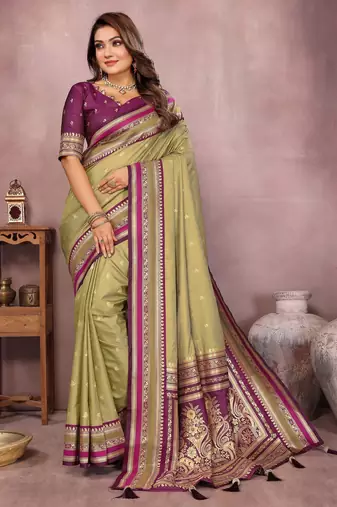 Green handloom kalamkari silk blend saree with zari woven work