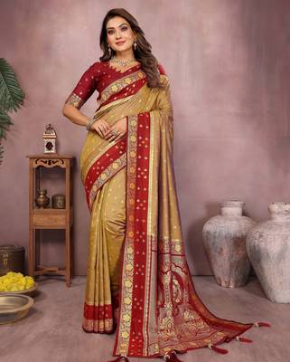 Gold handloom kalamkari silk blend saree with zari woven work 1