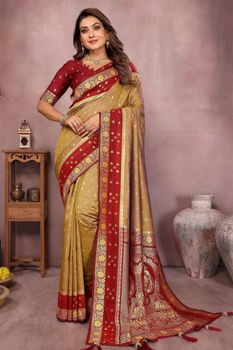 Gold handloom kalamkari silk blend saree with zari woven work