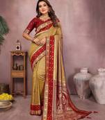 Gold handloom kalamkari silk blend saree with zari woven work