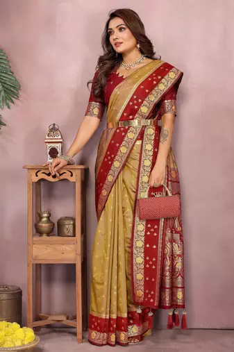 Gold handloom kalamkari silk blend saree with zari woven work