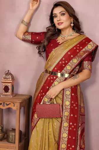 Gold handloom kalamkari silk blend saree with zari woven work