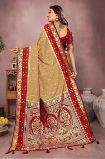 Gold handloom kalamkari silk blend saree with zari woven work