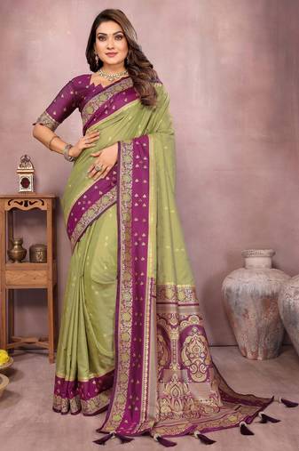 Green handloom kalamkari silk blend saree with zari woven work