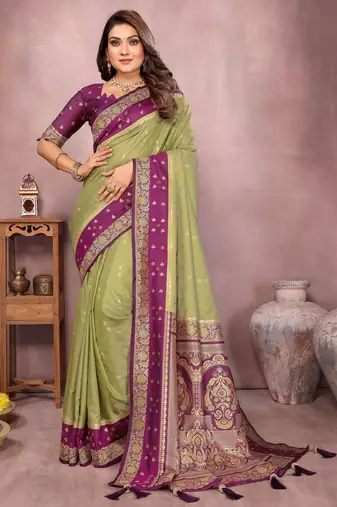 Green handloom kalamkari silk blend saree with zari woven work