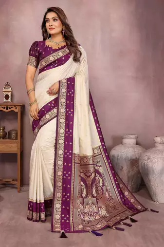 Beige handloom kalamkari silk blend saree with zari woven work