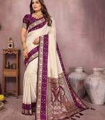 Beige handloom kalamkari silk blend saree with zari woven work