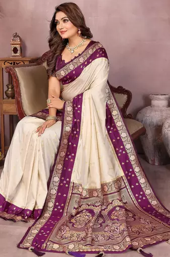 Beige handloom kalamkari silk blend saree with zari woven work