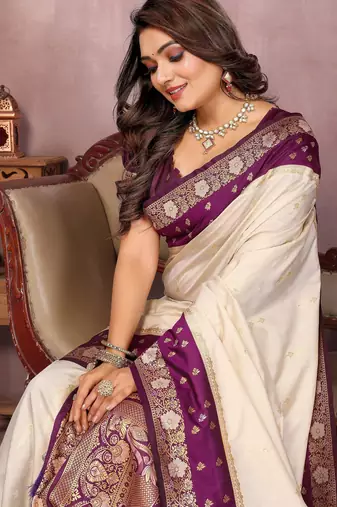 Beige handloom kalamkari silk blend saree with zari woven work
