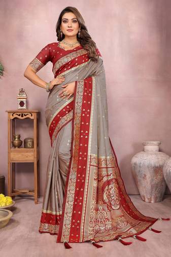 Grey handloom kalamkari silk blend saree with zari woven work