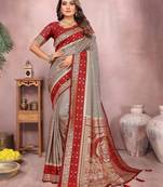 Grey handloom kalamkari silk blend saree with zari woven work