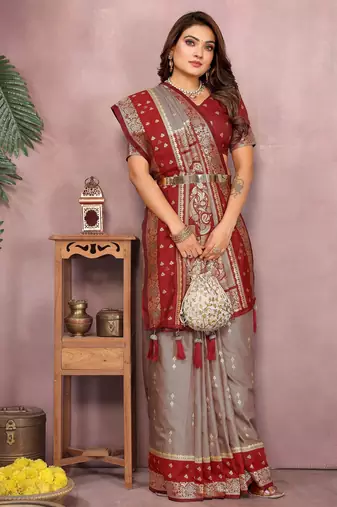 Grey handloom kalamkari silk blend saree with zari woven work