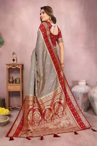 Grey handloom kalamkari silk blend saree with zari woven work