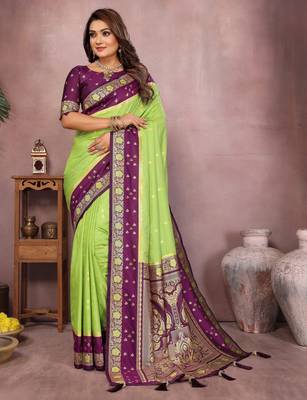 Parrot handloom kalamkari silk blend saree with zari woven work 1