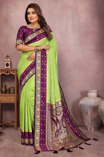 Parrot handloom kalamkari silk blend saree with zari woven work