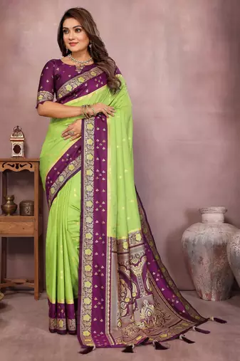Parrot handloom kalamkari silk blend saree with zari woven work