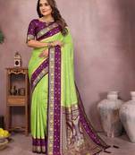 Parrot handloom kalamkari silk blend saree with zari woven work