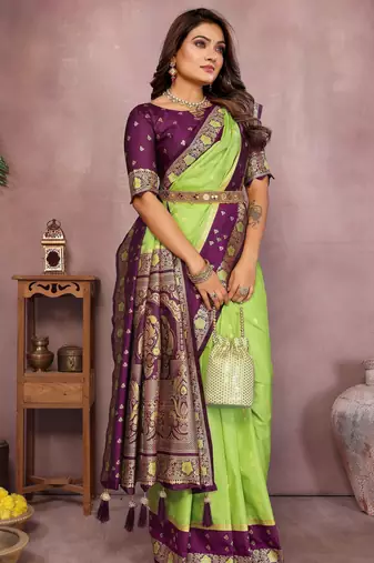 Parrot handloom kalamkari silk blend saree with zari woven work