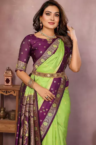 Parrot handloom kalamkari silk blend saree with zari woven work
