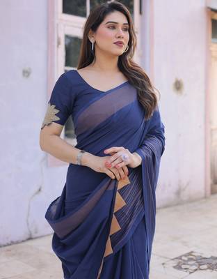 Midnight bloom blue cotton saree with embroidered blouse 5