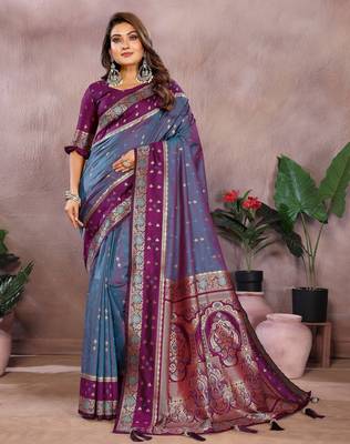 Light purple handloom kalamkari silk blend saree with zari woven work 1