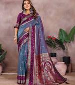 Light purple handloom kalamkari silk blend saree with zari woven work