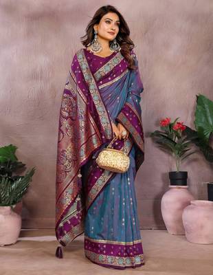 Light purple handloom kalamkari silk blend saree with zari woven work 2