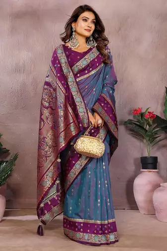 Light purple handloom kalamkari silk blend saree with zari woven work