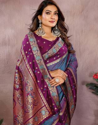 Light purple handloom kalamkari silk blend saree with zari woven work 3