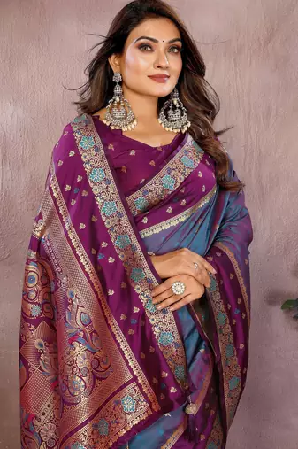 Light purple handloom kalamkari silk blend saree with zari woven work