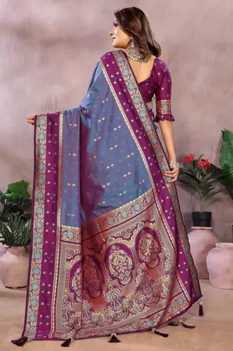 Light purple handloom kalamkari silk blend saree with zari woven work