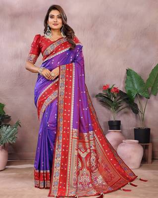 Violet handloom kalamkari silk blend saree with zari woven work 1